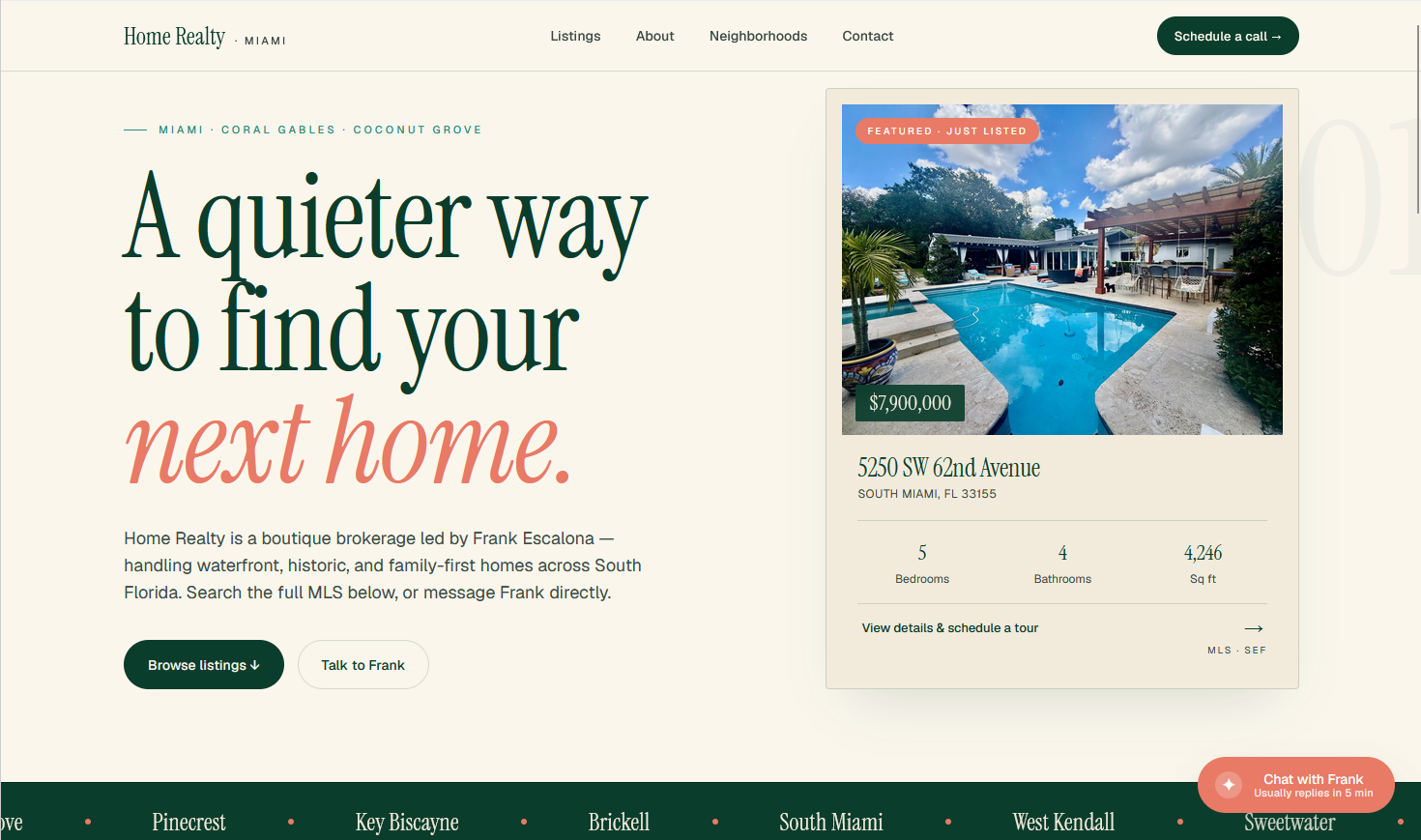 Home Realty website hero — South Florida real estate, A quieter way to find your next home.