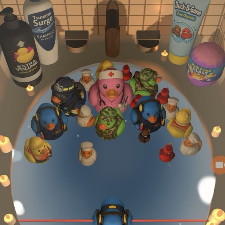 Rubber Ducks! gameplay — ducks merging in a bathtub with cozy lighting.